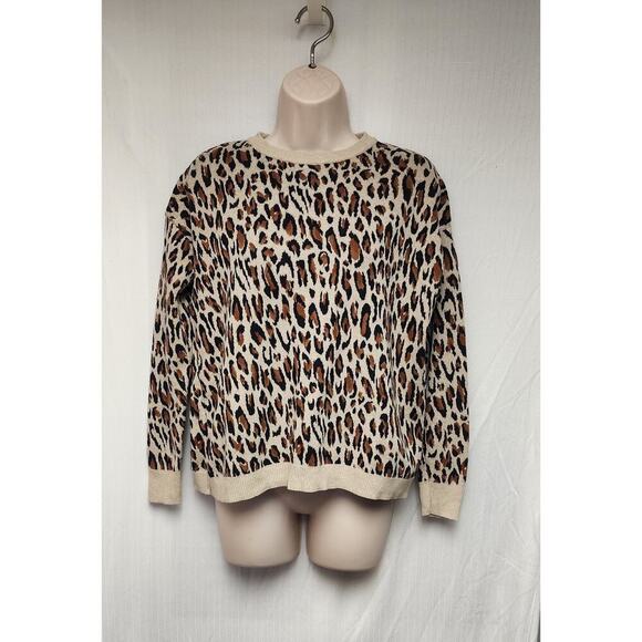 H&M Leopard Animal Print Round Neck Long Sleeve Brown Knit Sweater Size Small - Picture 2 of 8